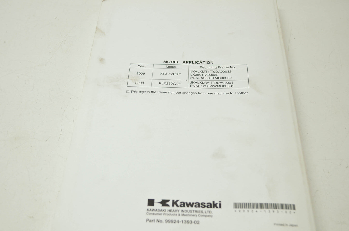 OEM Kawasaki 99924-1393-02 Service Manual KLX250T
