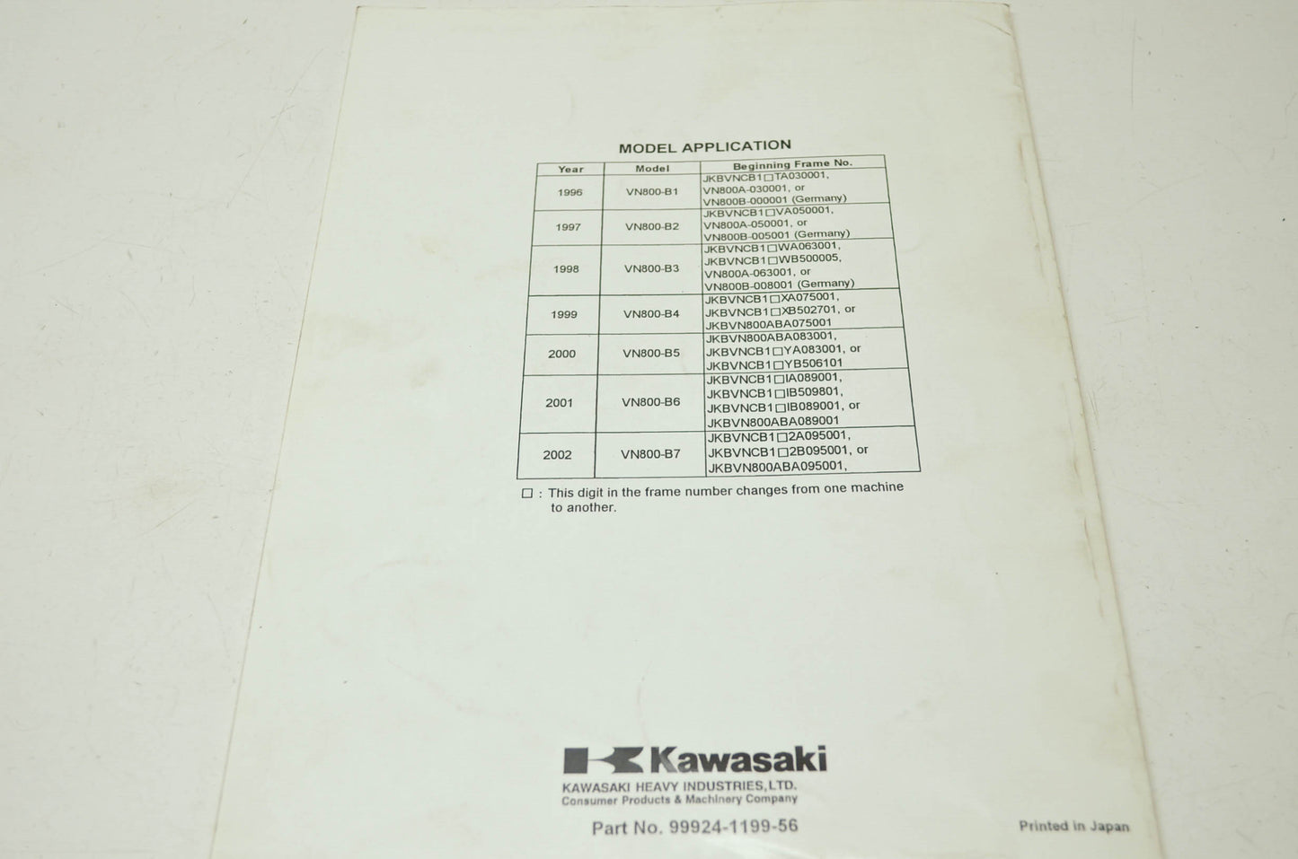 OEM Kawasaki 99924-1199-56 Service Manual Supplement VN800B