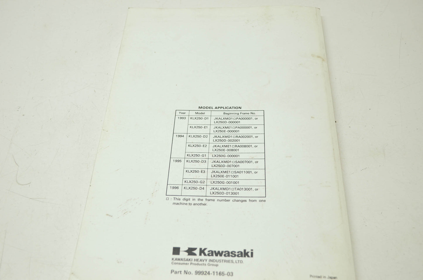 OEM Kawasaki 99924-1165-03 Service Manual KLX250D