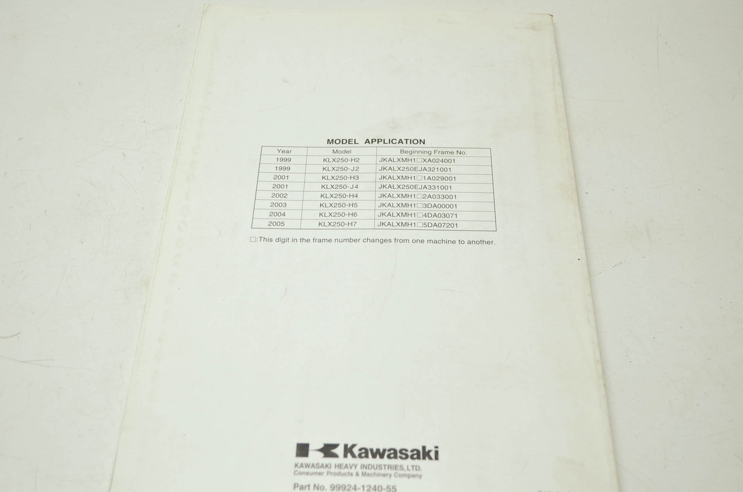 OEM Kawasaki 99924-1240-55 Service Manual Supplement KLX250H/J