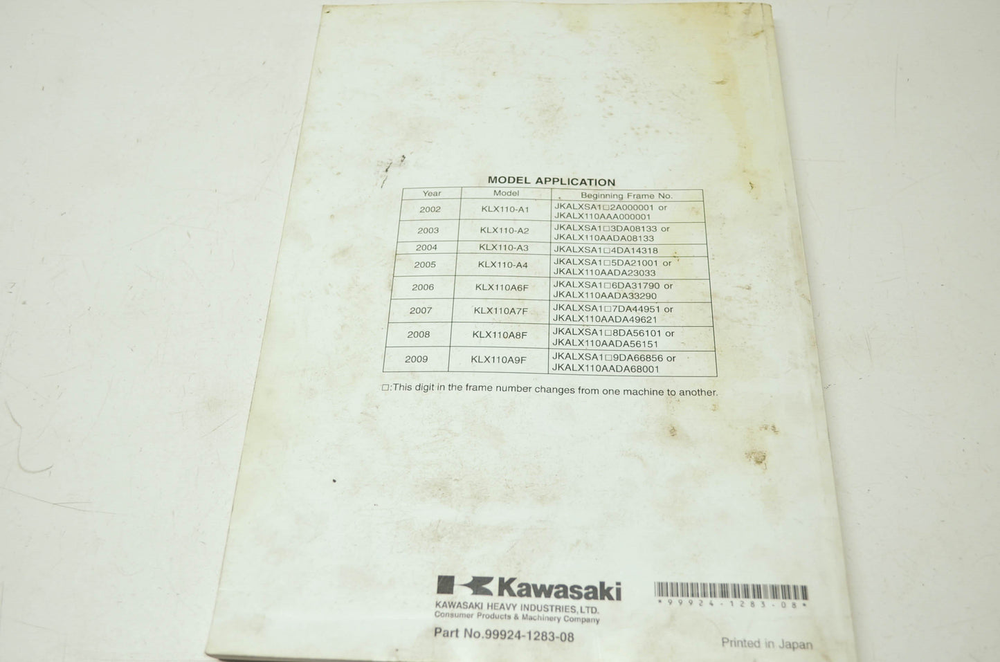 OEM Kawasaki 99924-1283-08 Service Manual KLX110A