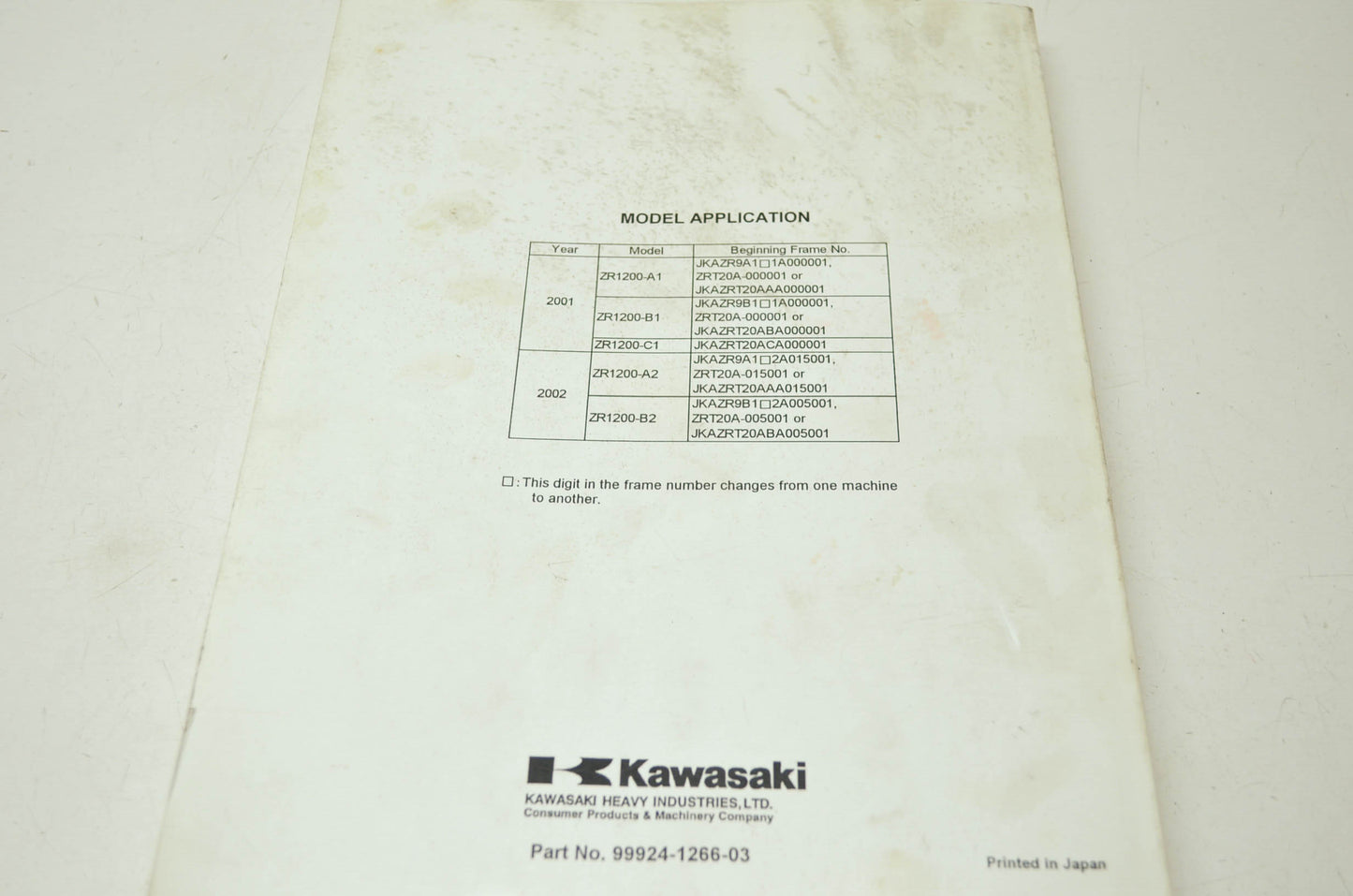 OEM Kawasaki 99924-1266-03 Service Manual ZR1200A