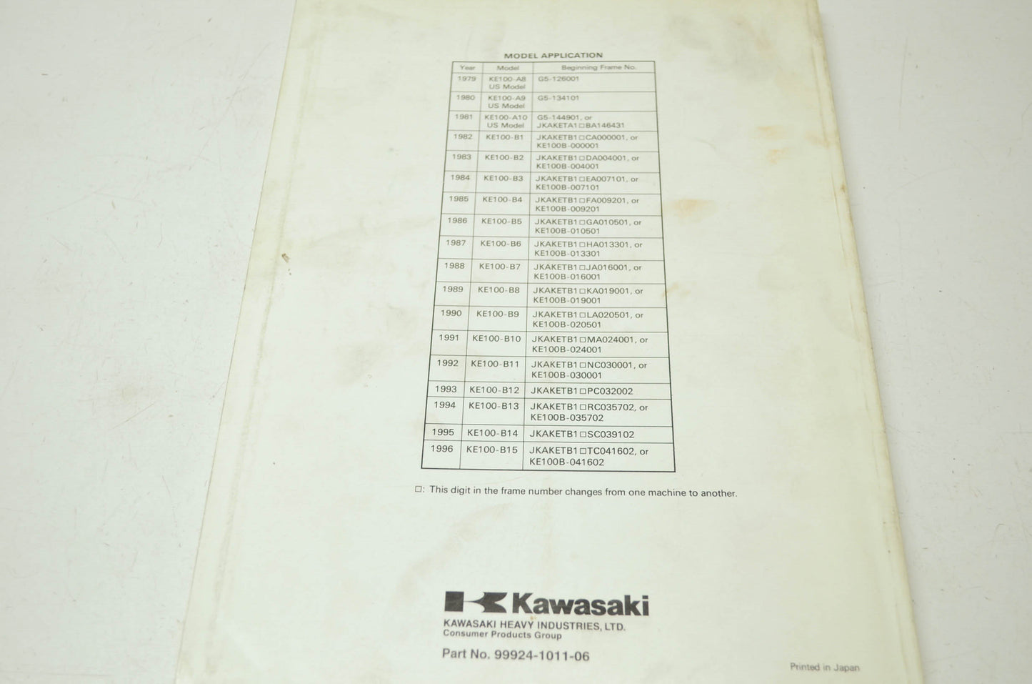 OEM Kawasaki 99924-1011-06 Service Manual KE100