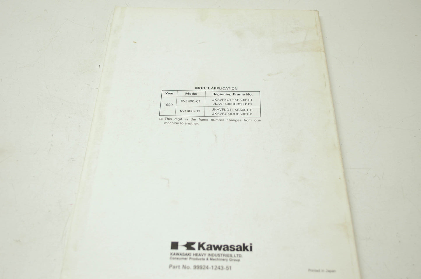 OEM Kawasaki 99924-1243-51 Service Manual Supplement KVF400