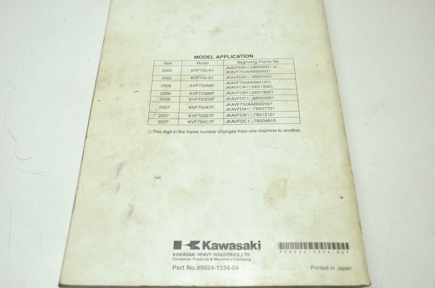 OEM Kawasaki 99924-1334-04 Service Manual KVF750A/B/C