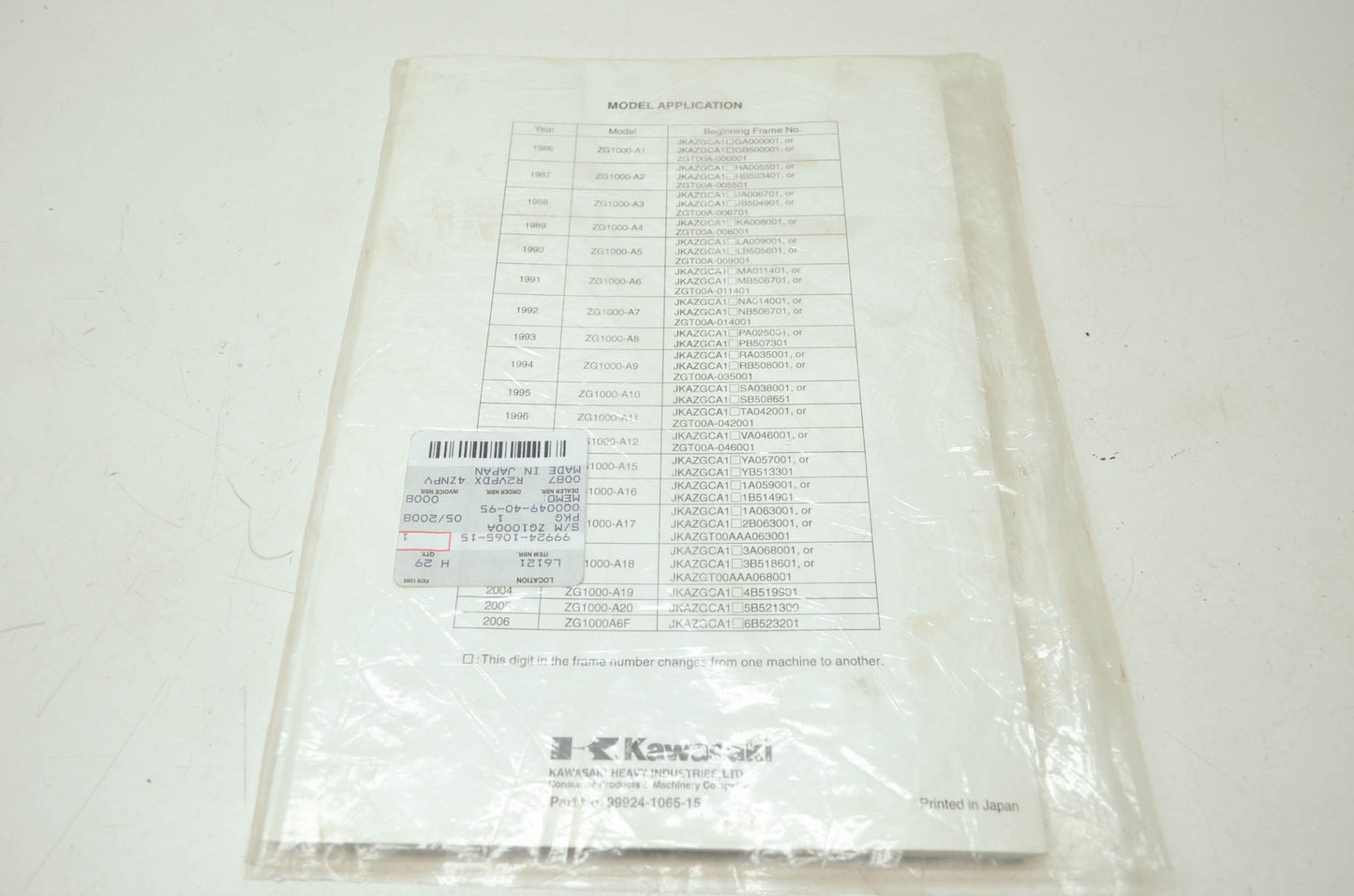 OEM Kawasaki 99924-1065-15 Service Manual ZG1000A NOS