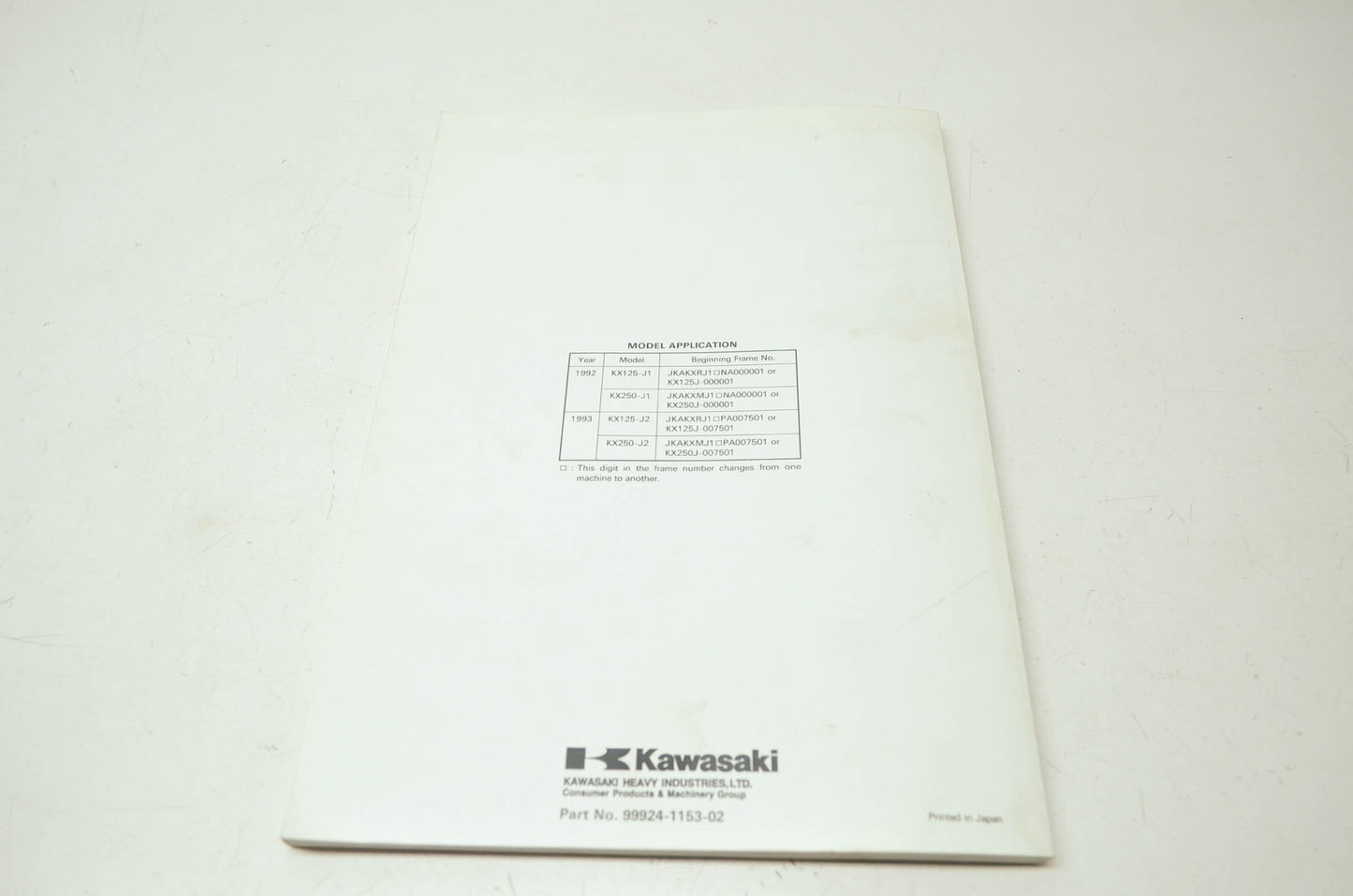 OEM Kawasaki 99924-1153-02 Service Manual KX125J