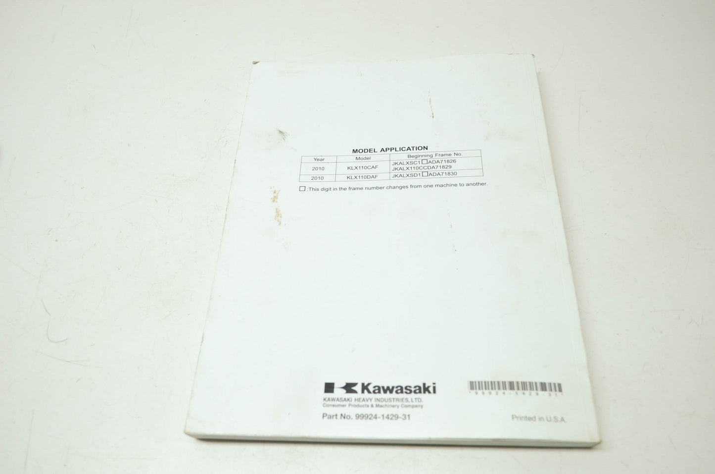 OEM Kawasaki 99924-1429-31 Service Manual KLX110C/D