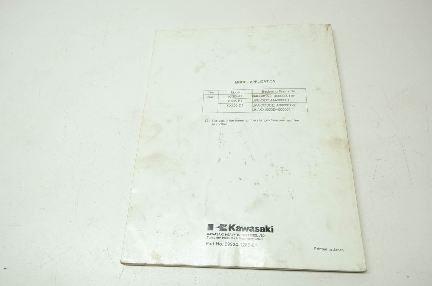 OEM Kawasaki 99924-1265-01 Service Manual KX85A/100D