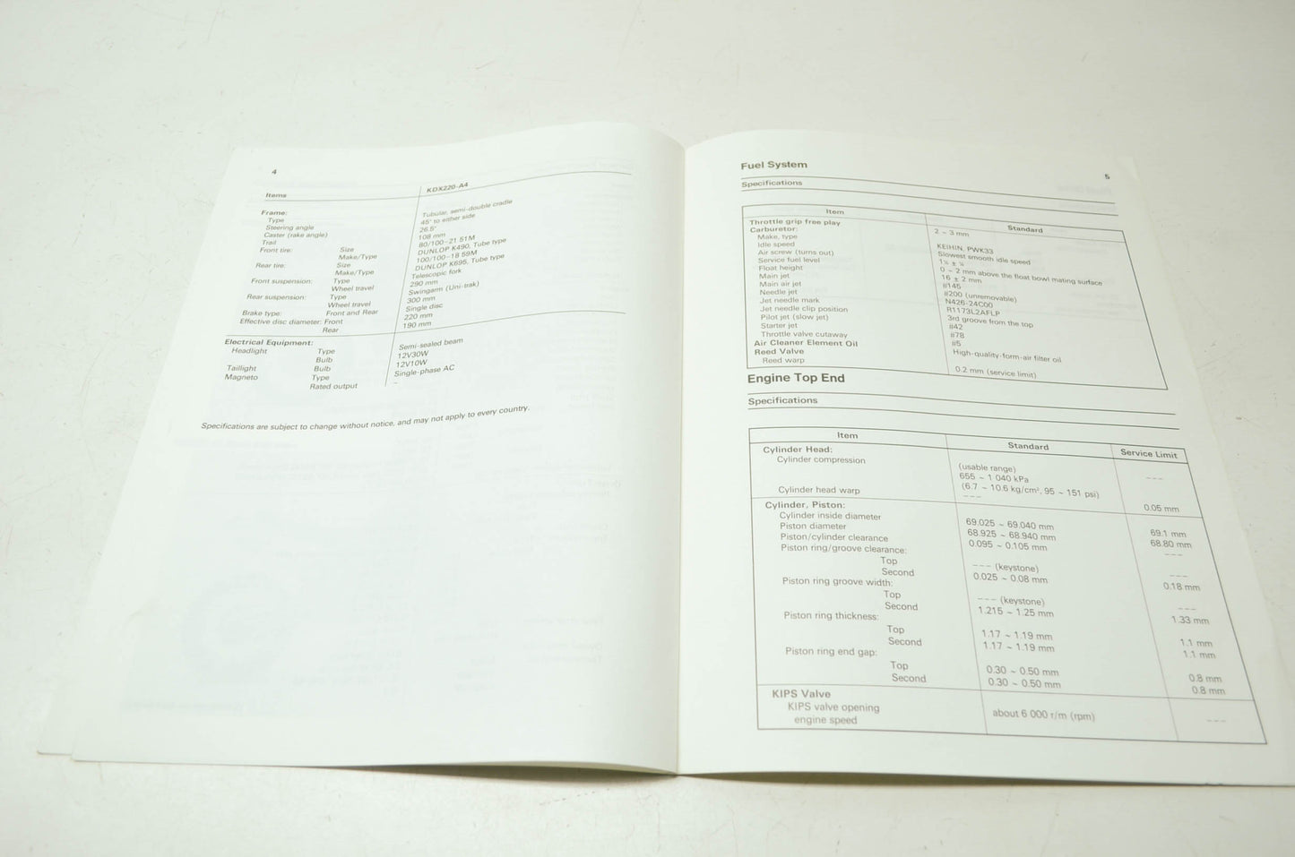 OEM Kawasaki 99924-1204-51 Service Manual Supplement KDX220A
