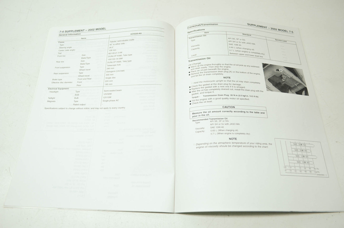 OEM Kawasaki 99924-1204-54 Service Manual Supplement KDX220A