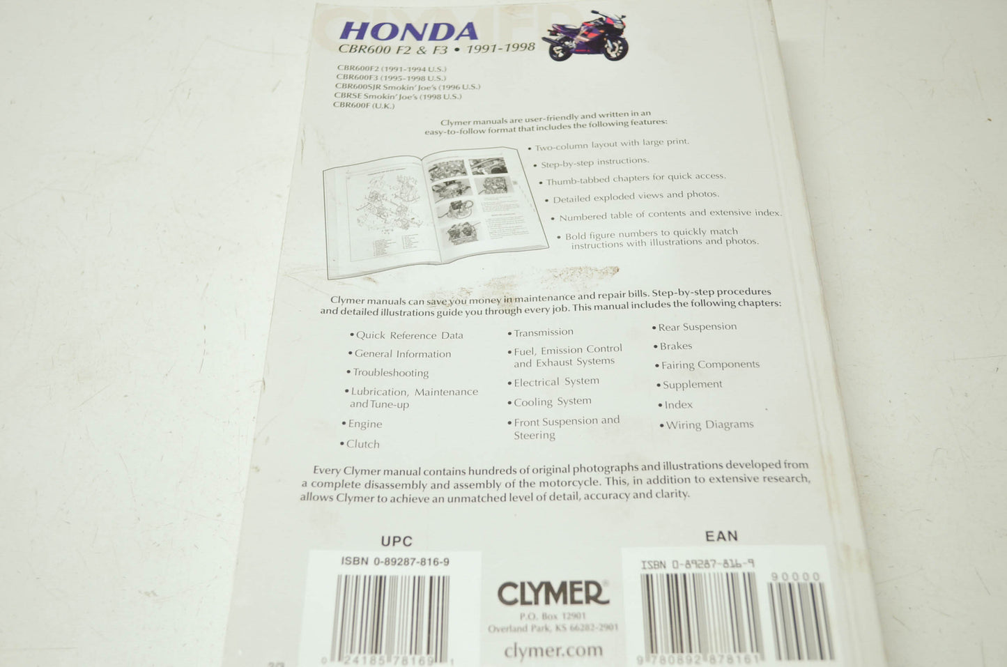 Clymer Honda CBR600 F2 & F3 91-98 Service Repair Maintenance Manual