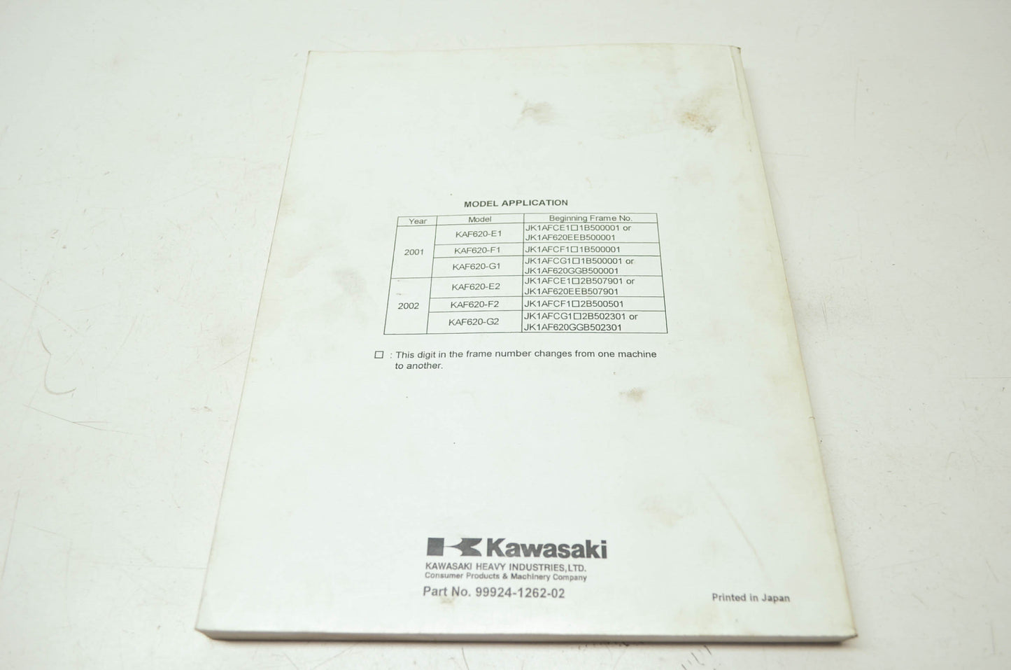 OEM Kawasaki 99924-1262-02 Service Manual KAF620E/F/G/H