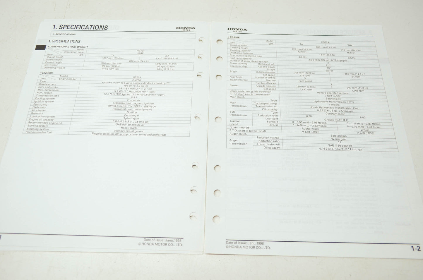 Honda Snowblower HS724 Shop Manual Supplement