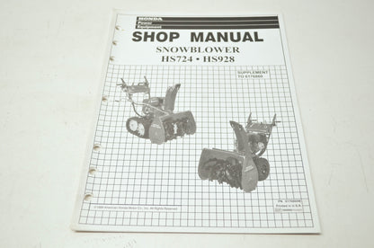 Honda Snowblower HS724 HS928 Shop Manual Supplement