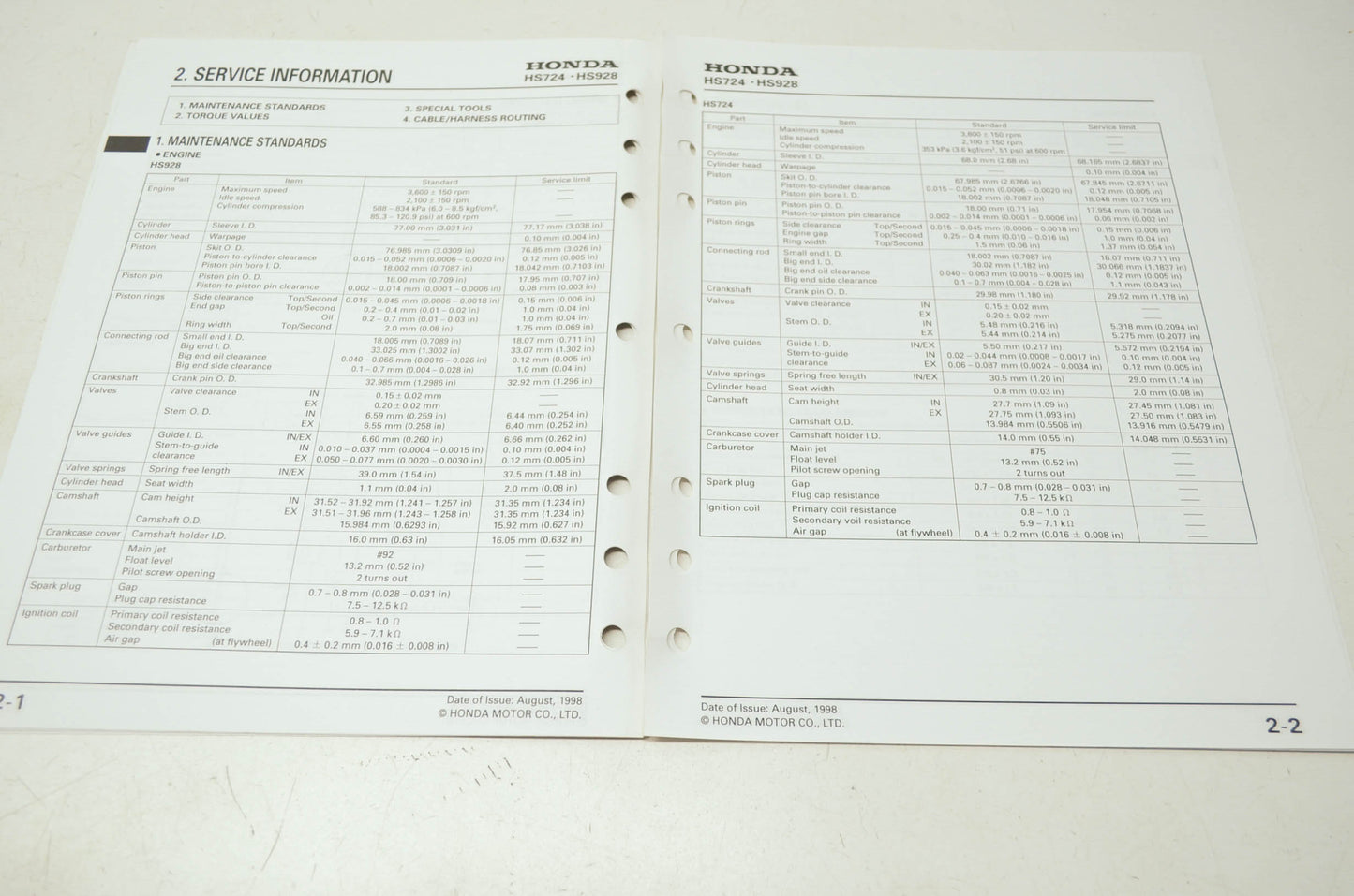 Honda Snowblower HS724 HS928 Shop Manual Supplement