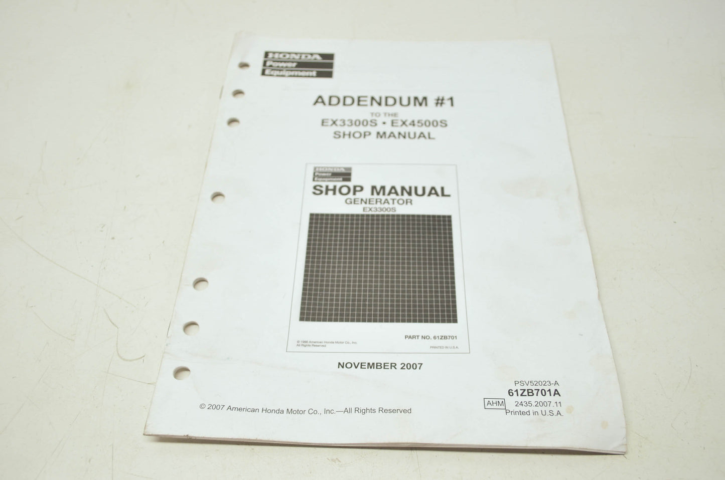 OEM Honda 61ZB701A EX3300S EX4500S Shop Manual Addendum 1
