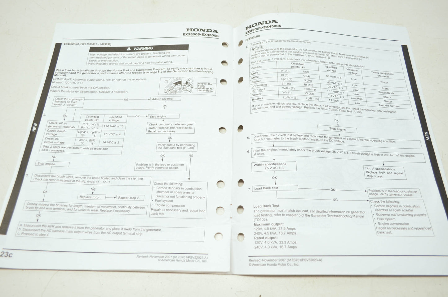 OEM Honda 61ZB701A EX3300S EX4500S Shop Manual Addendum 1