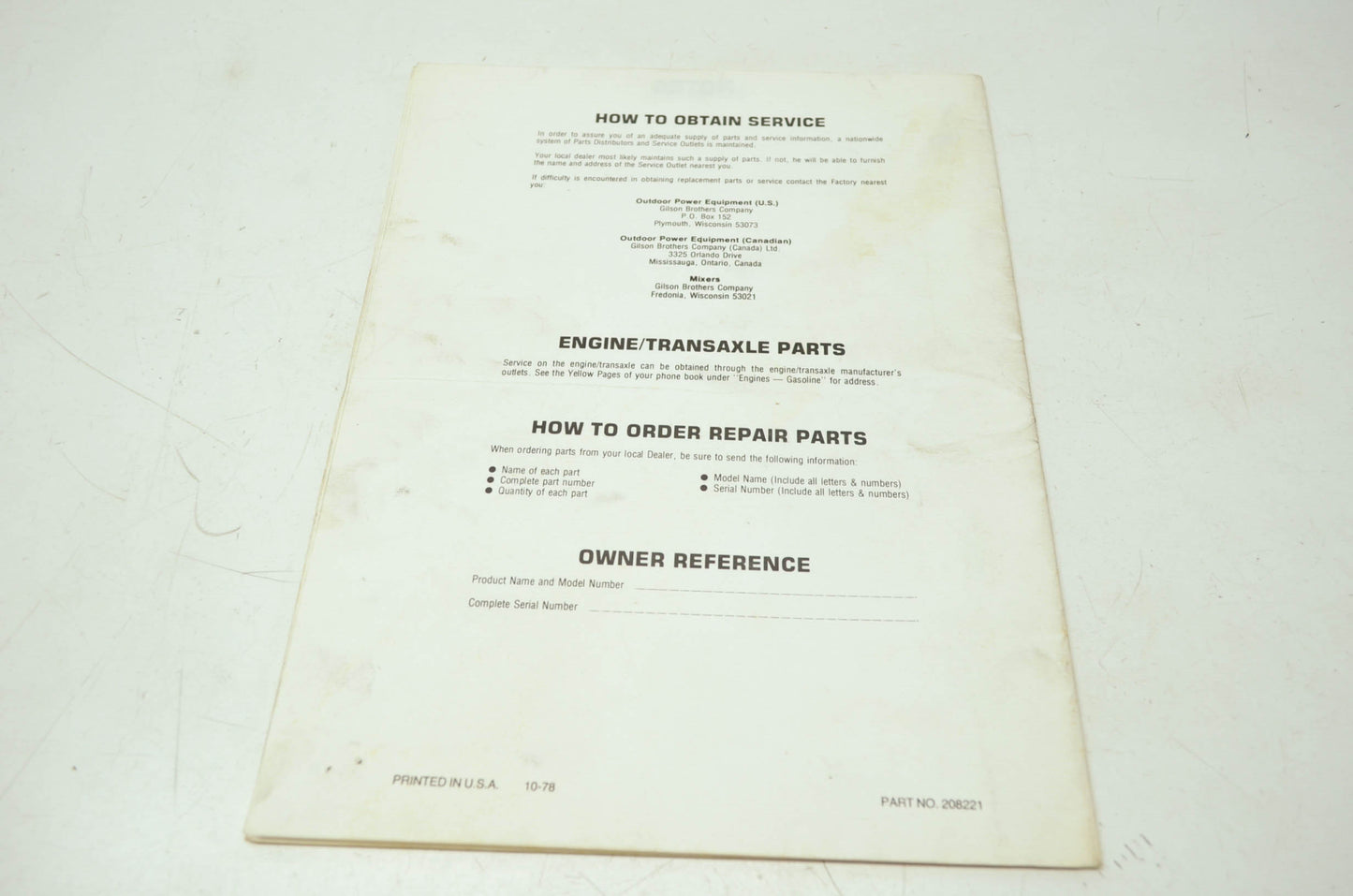 Gilson Rear Tine Tiller 51134 Owner's Manual