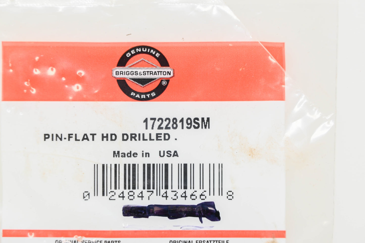 New OEM Briggs & Stratton 1722819SM Flat Head Pin Drilled NOS