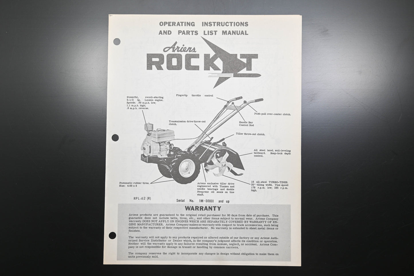 Ariens RPL-62 Rocket Tiller Operating Instructions & Parts Manual