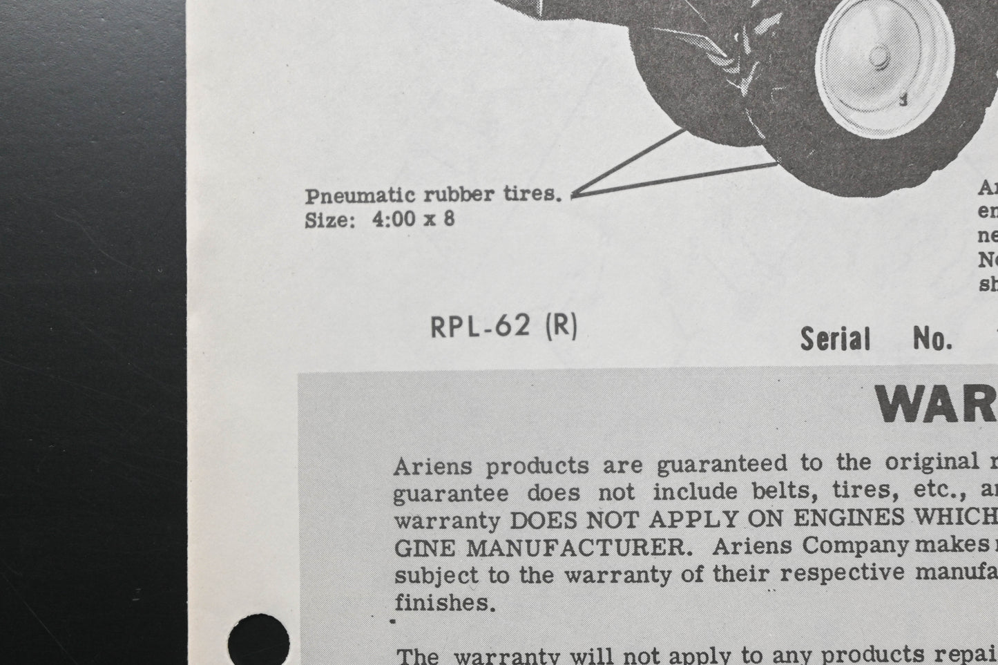 Ariens RPL-62 Rocket Tiller Operating Instructions & Parts Manual