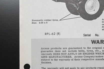 Ariens RPL-62 Rocket Tiller Operating Instructions & Parts Manual