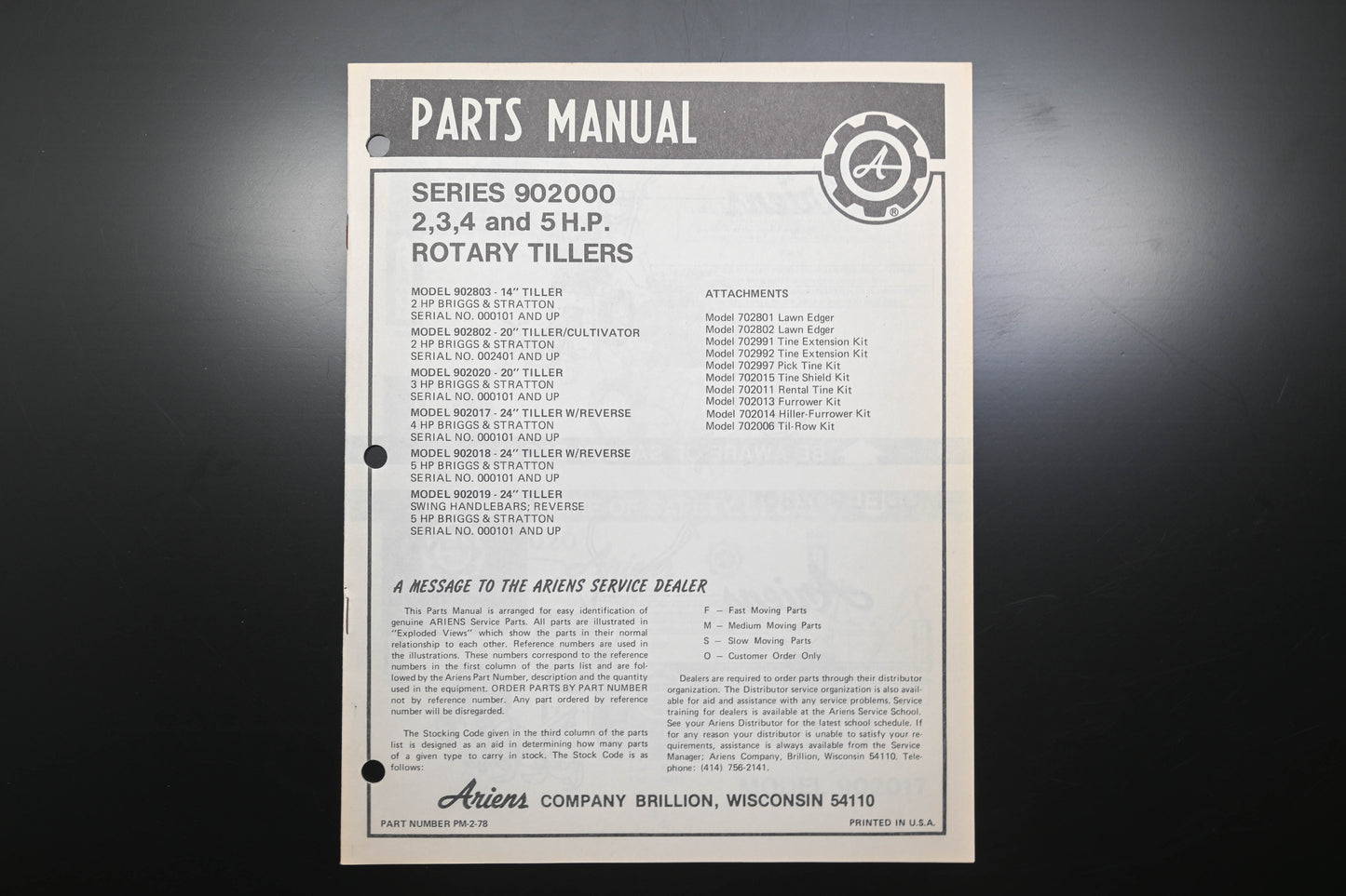 Ariens PM-2-78 Series 902000 Rotary Tiller 2-5 HP Parts Manual