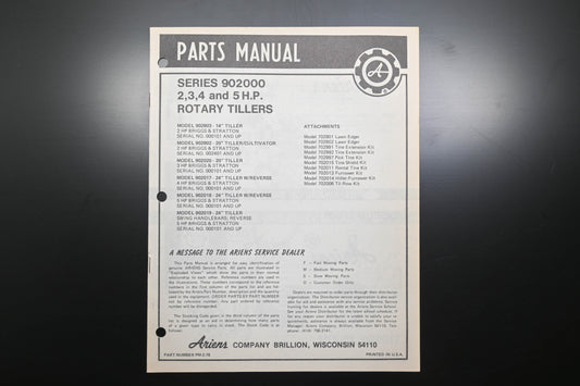 Ariens PM-2-78 Series 902000 Rotary Tiller 2-5 HP Parts Manual