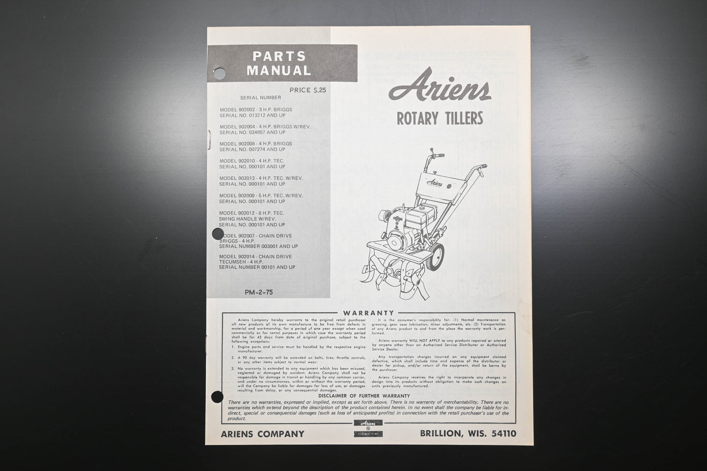 Ariens PM-2-75 Rotary Tiller Parts Manual