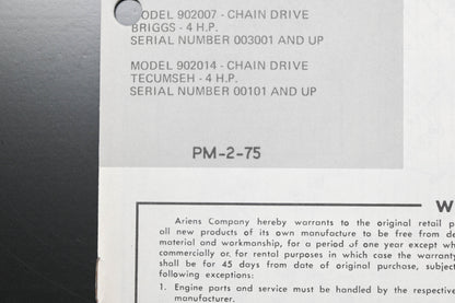 Ariens PM-2-75 Rotary Tiller Parts Manual