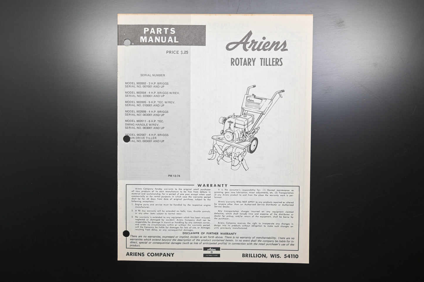 Ariens PM-13-74 Rotary Tiller Parts Manual
