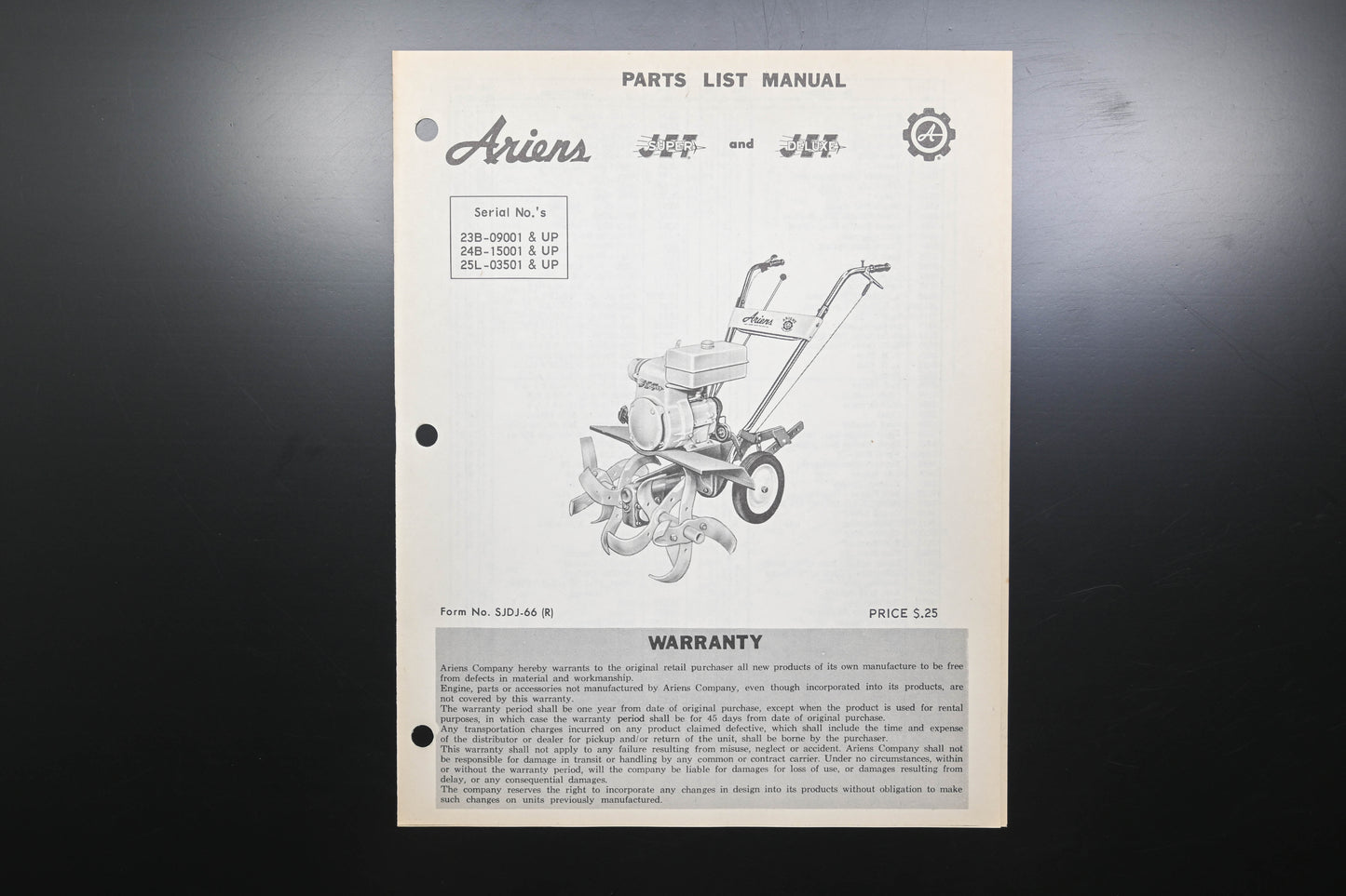Ariens SJDJ-66 Super & Deluxe Jet Rotary Tillers Parts Manual
