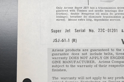 Ariens JSJ-61-1 Jet Rotary Tiller Parts Manual