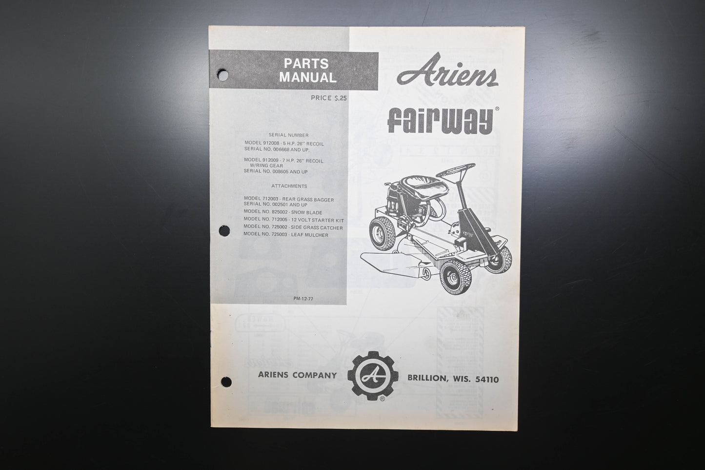 Ariens PM-12-77 Fairway Lawn Mower Parts Manual