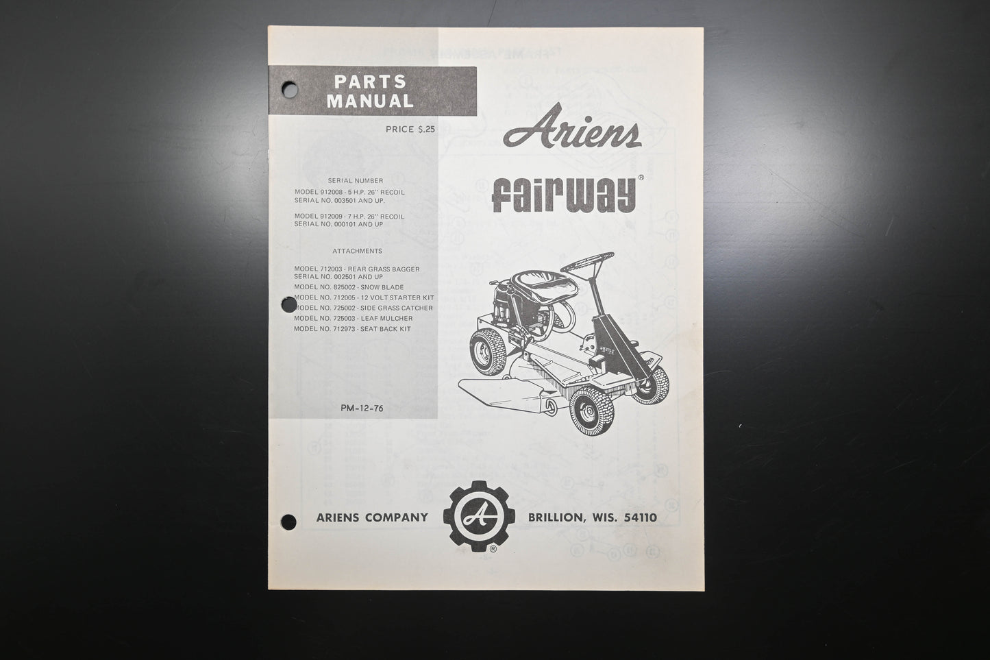 Ariens PM-12-76 Fairway Lawn Mower Parts Manual