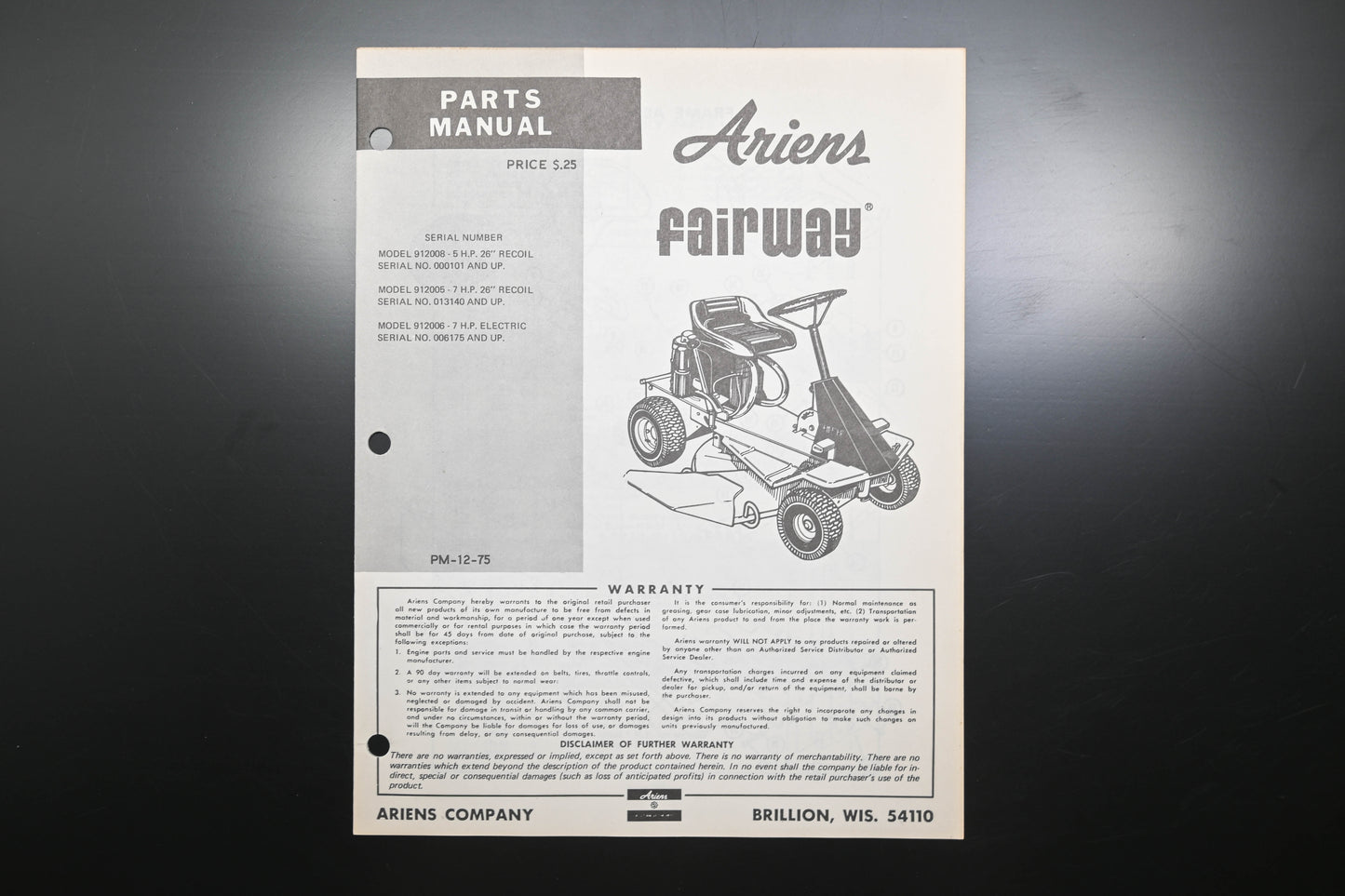 Ariens PM-12-75 Fairway Lawn Mower Parts Manual