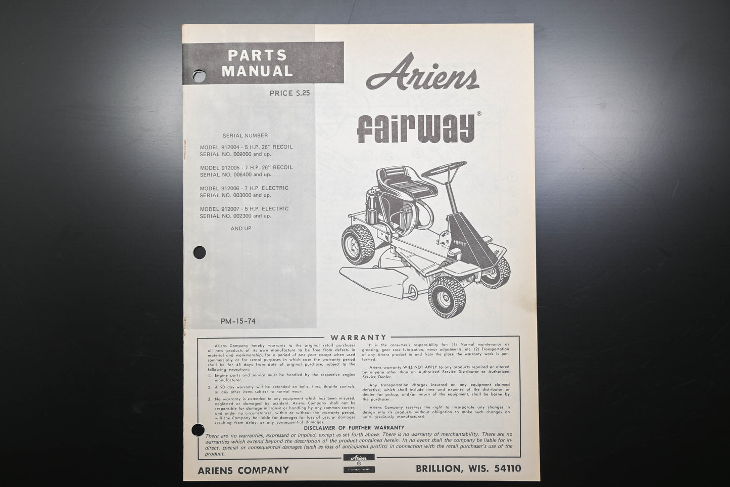 Ariens PM-15-74 Fairway Lawn Mower Parts Manual