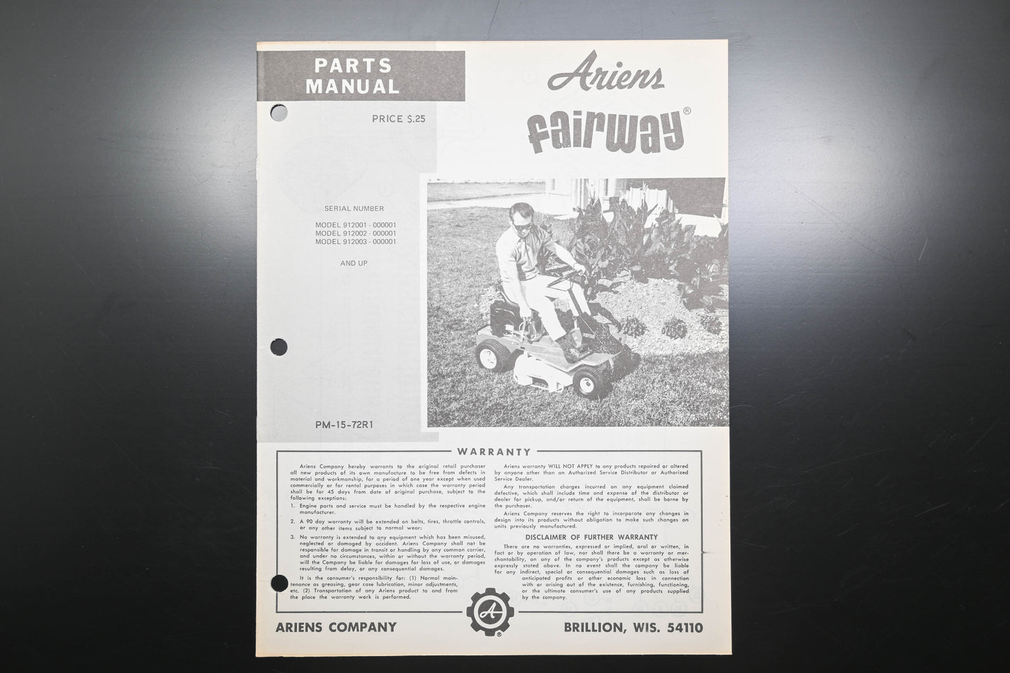 Ariens PM-15-72R1 Fairway Lawn Mower Parts Manual