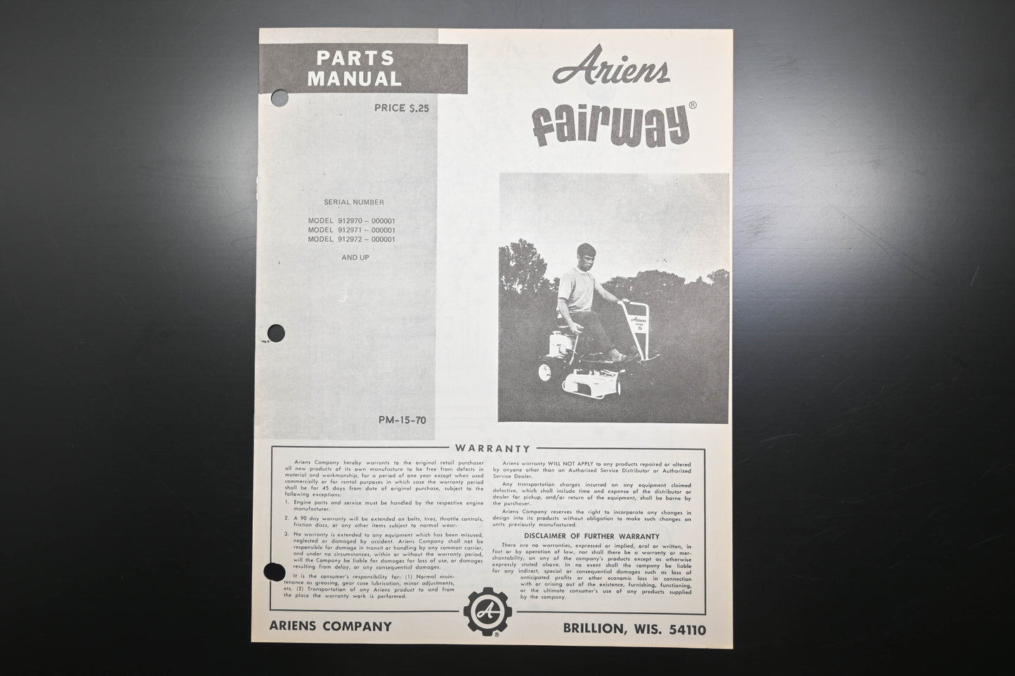 Ariens PM-15-70 Fairway Lawn Mower Parts Manual