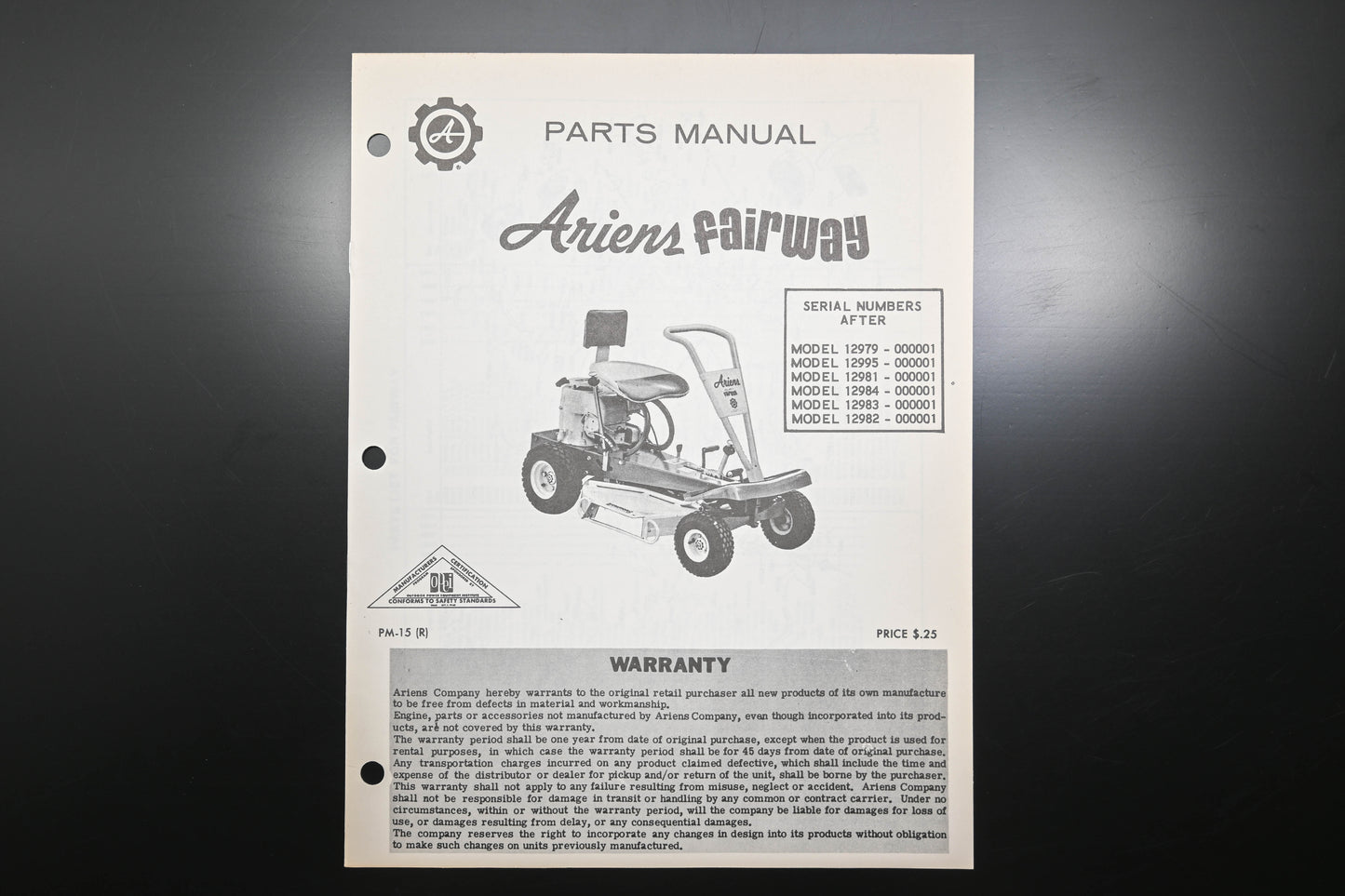 Ariens PM-15 R Fairway Lawn Mower Parts Manual