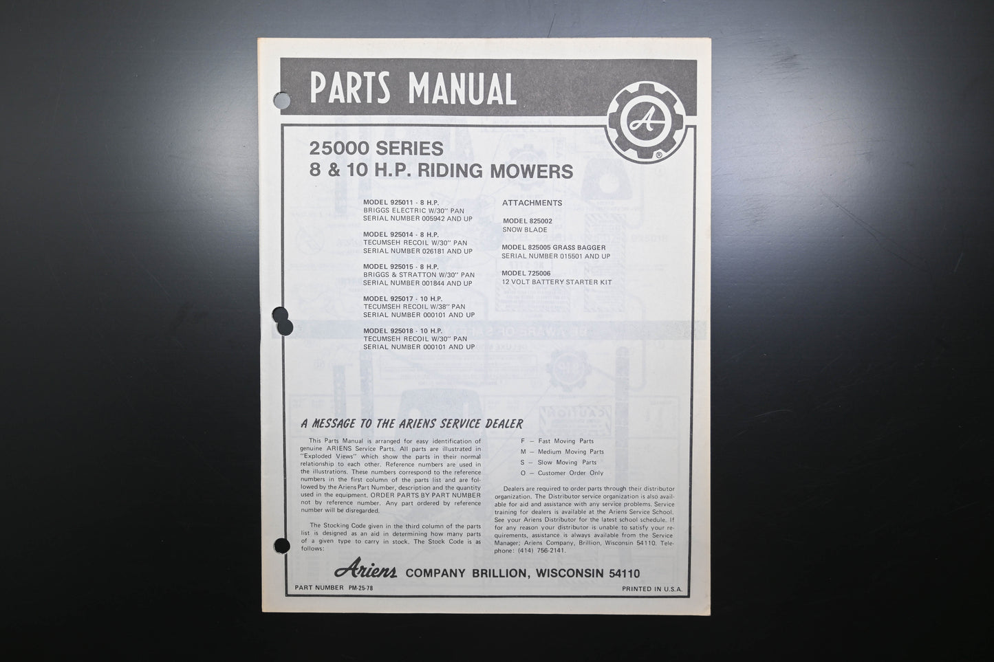 Ariens PM-25-78 25000 Series 8 & 10 HP Riding Mower Parts Manual