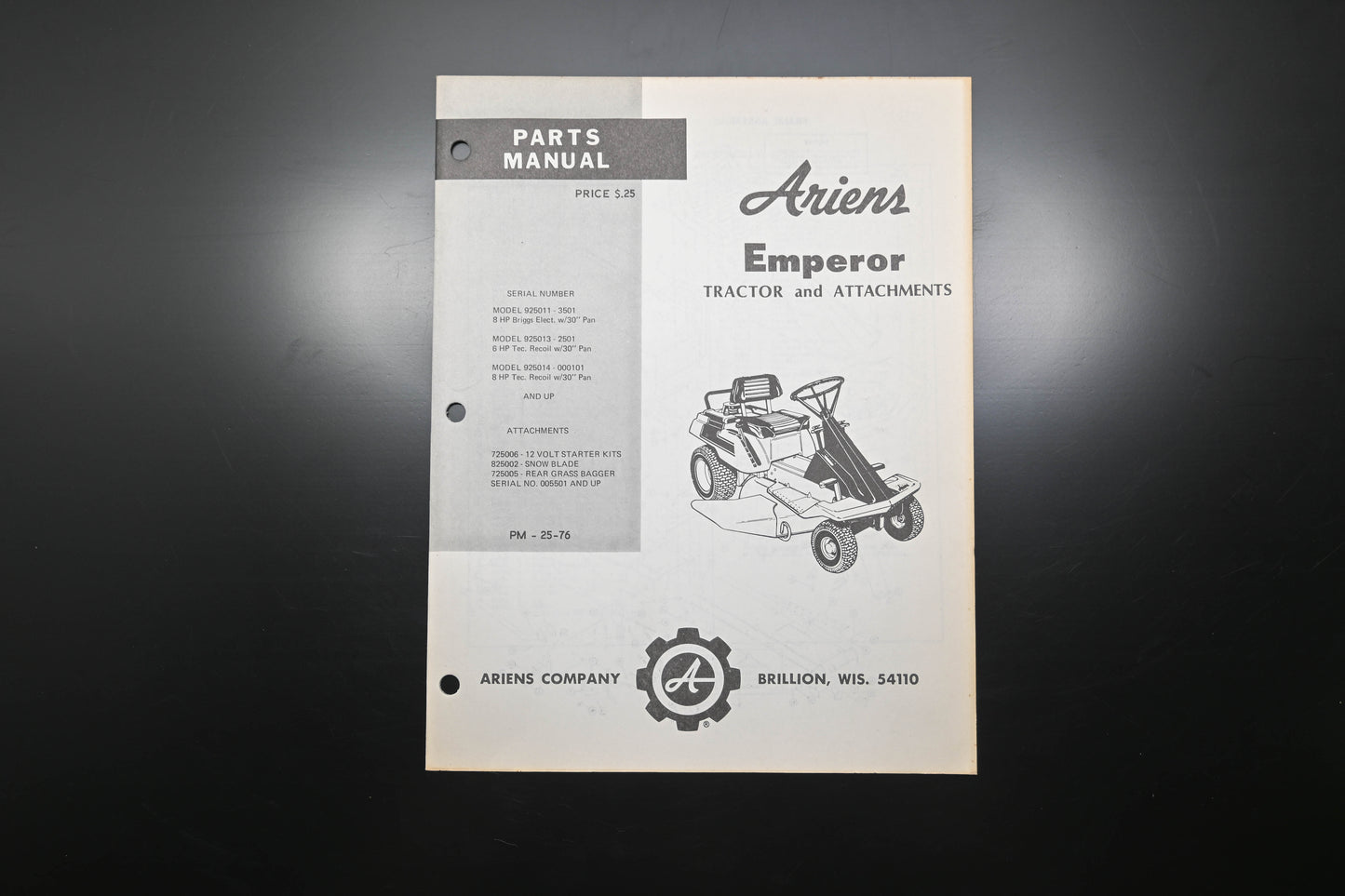Ariens PM-25-76 Emperor Tractor & Attachments Parts Manual