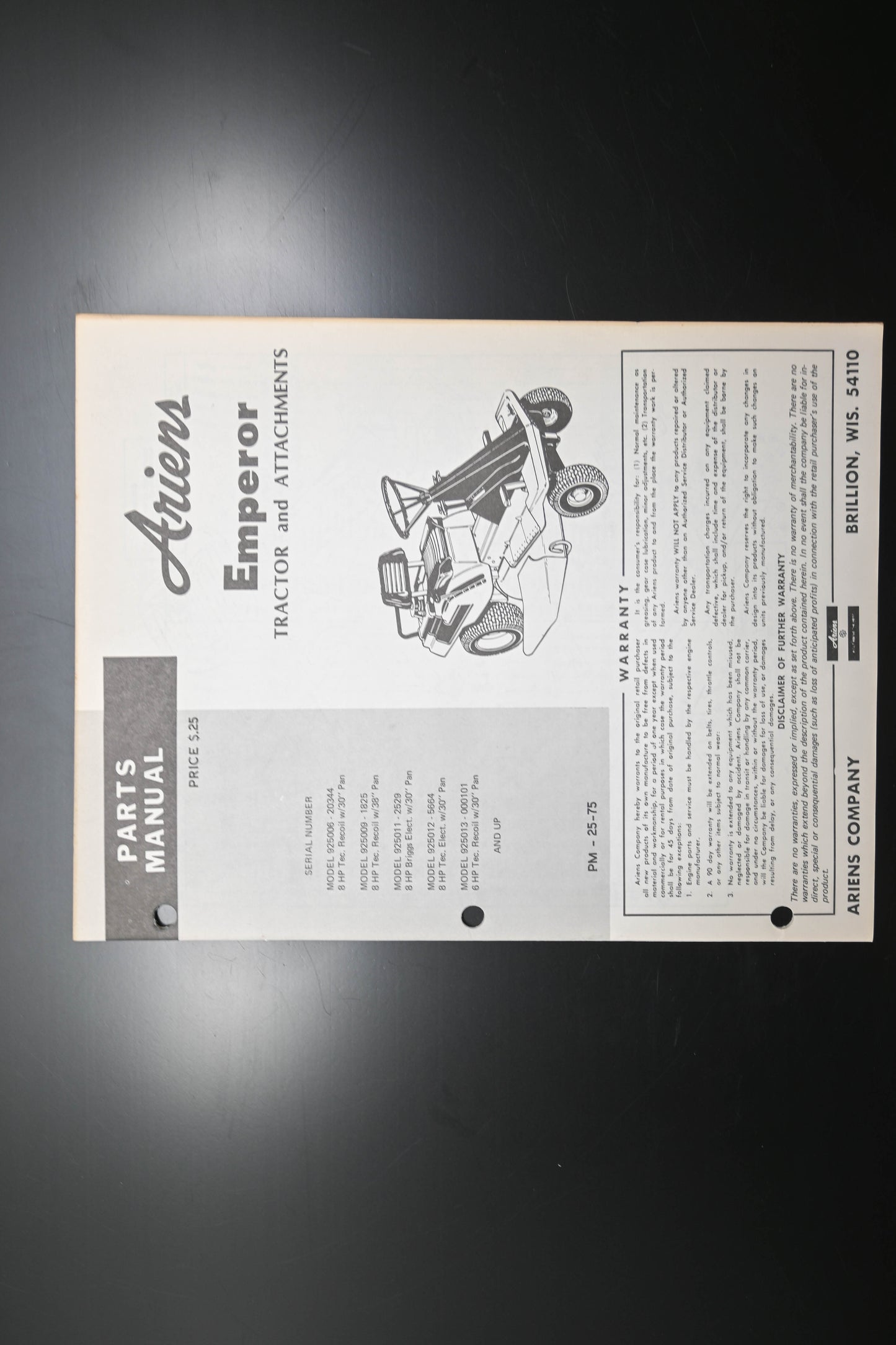 Ariens PM-25-75 Emperor Tractor & Attachments Parts Manual