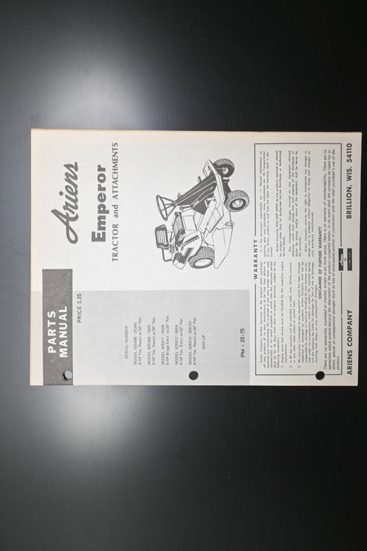 Ariens PM-25-75 Emperor Tractor & Attachments Parts Manual