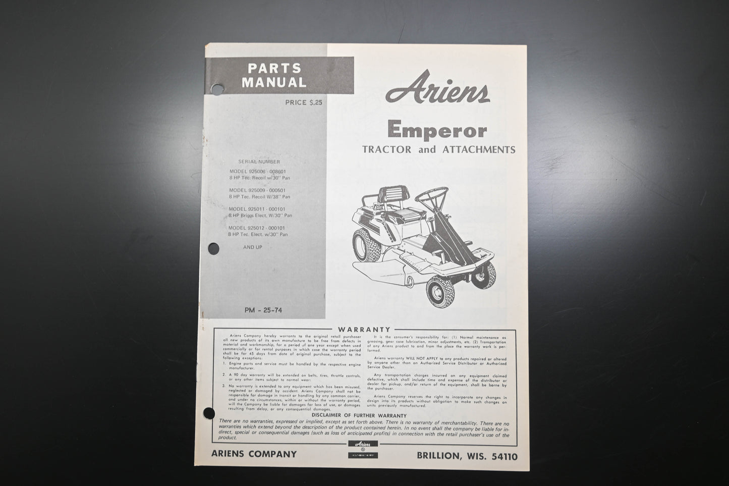 Ariens PM-25-74 Emperor Tractor & Attachments Parts Manual