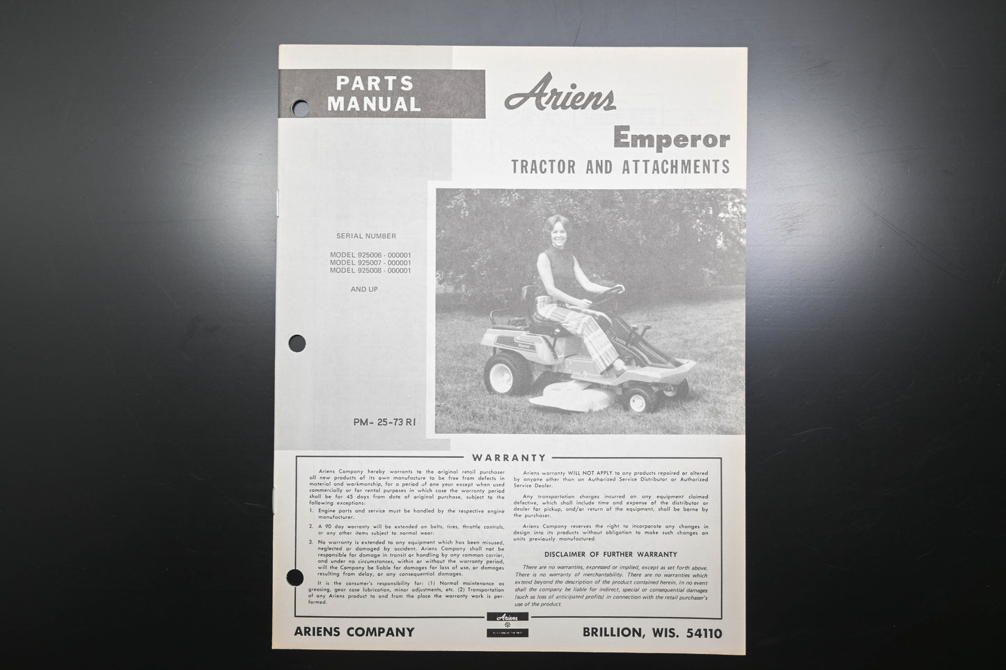 Ariens PM-25-73R1 Emperor Tractor & Attachments Parts Manual