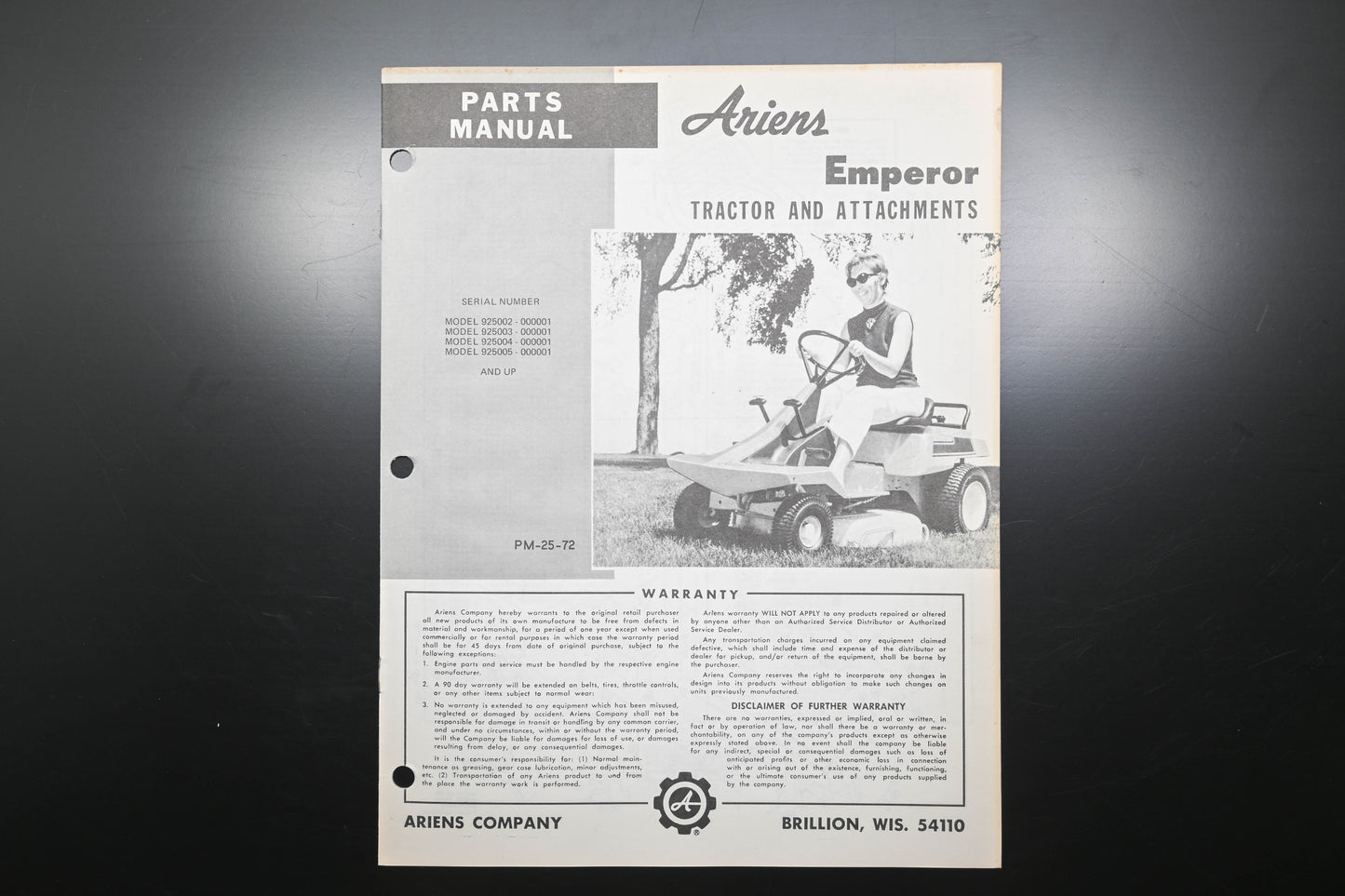 Ariens PM-25-72 Emperor Tractor & Attachments Parts Manual