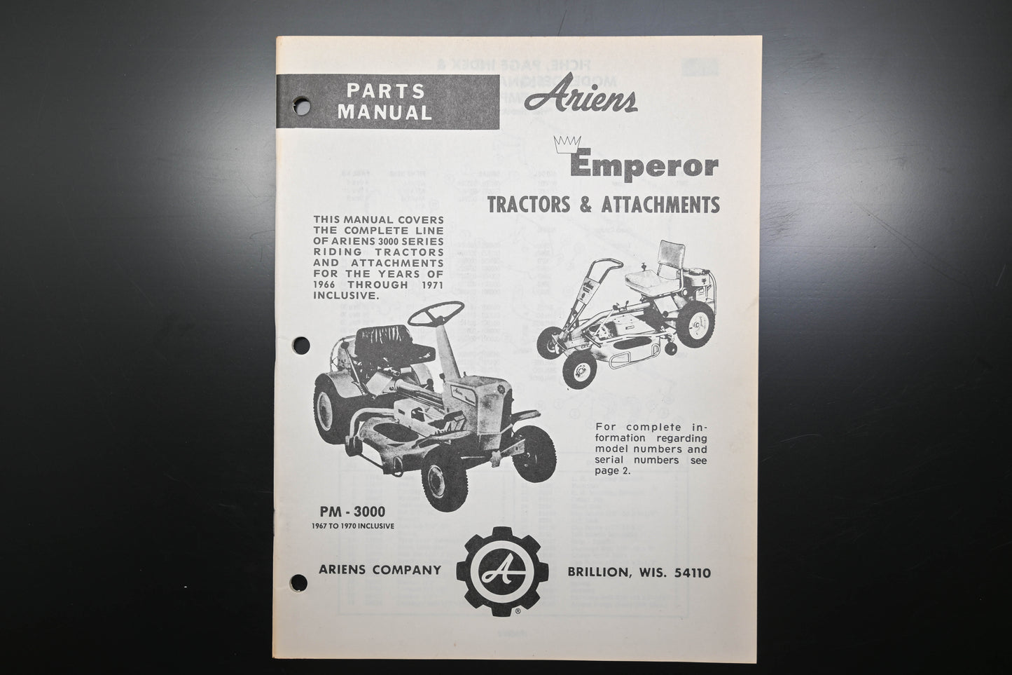 Ariens PM-3000 67-70 Emperor Tractor & Attachments Parts Manual