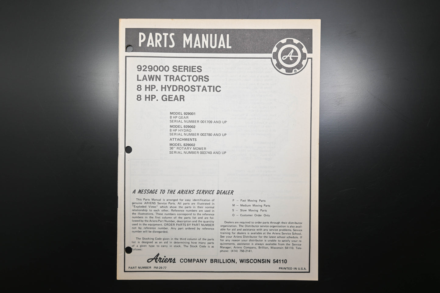 Ariens PM-29-77 929000 Series 8 HP Lawn Tractor Parts Manual